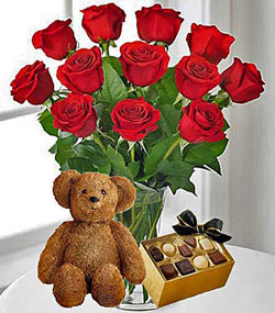 12 Red Roses, Bear and Chocolates